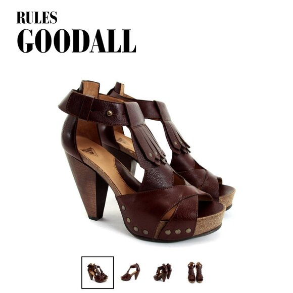 John Fluevog Rules Goodall Platform Sandals Sz 6 Dallas Brown T-strap Fringe - Picture 1 of 13
